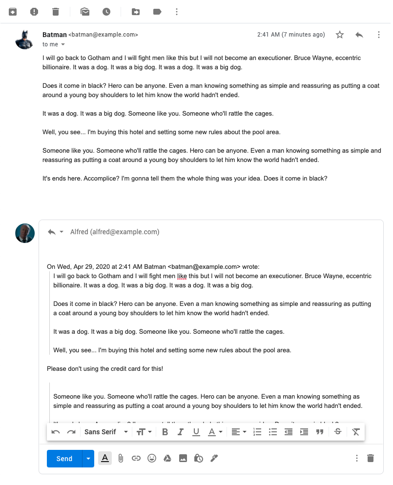 An example of replying inline in Gmail.