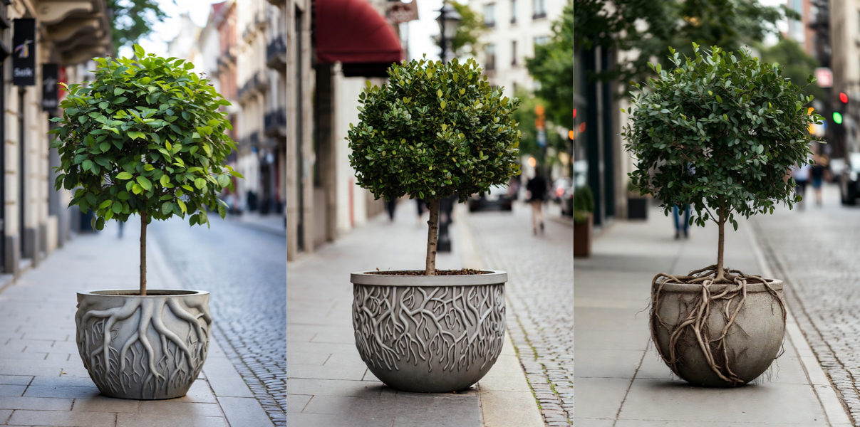 Trees in a pot with a roots pattern